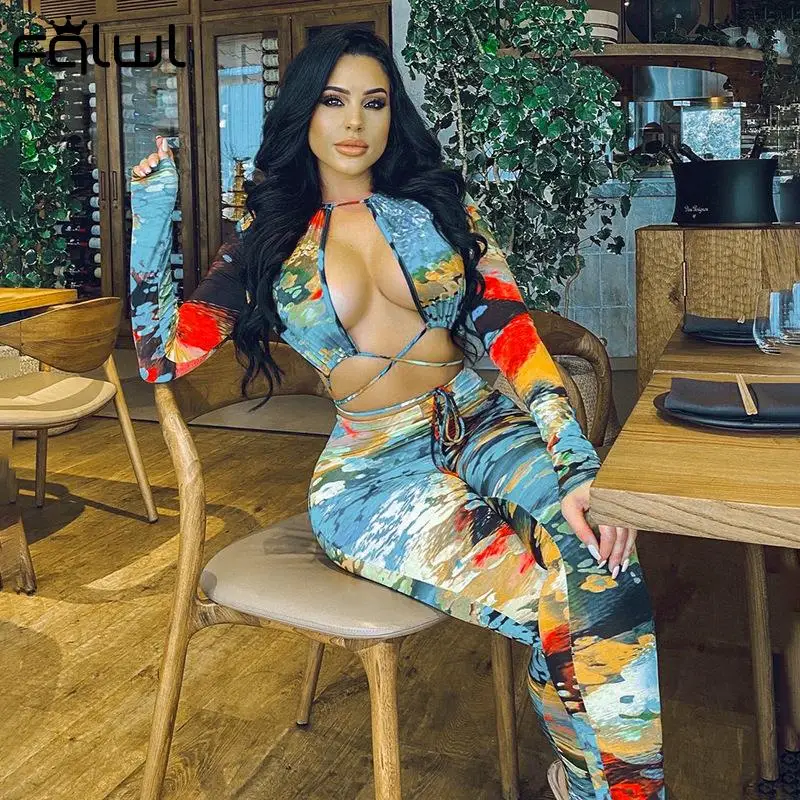 

FQLWL Autumn Clubtwear Jumpsuit Women Tie Dye Print One Piece Outfits Long Sleeve Hollow Out Bandage Backless Bodycon Jumpsuits