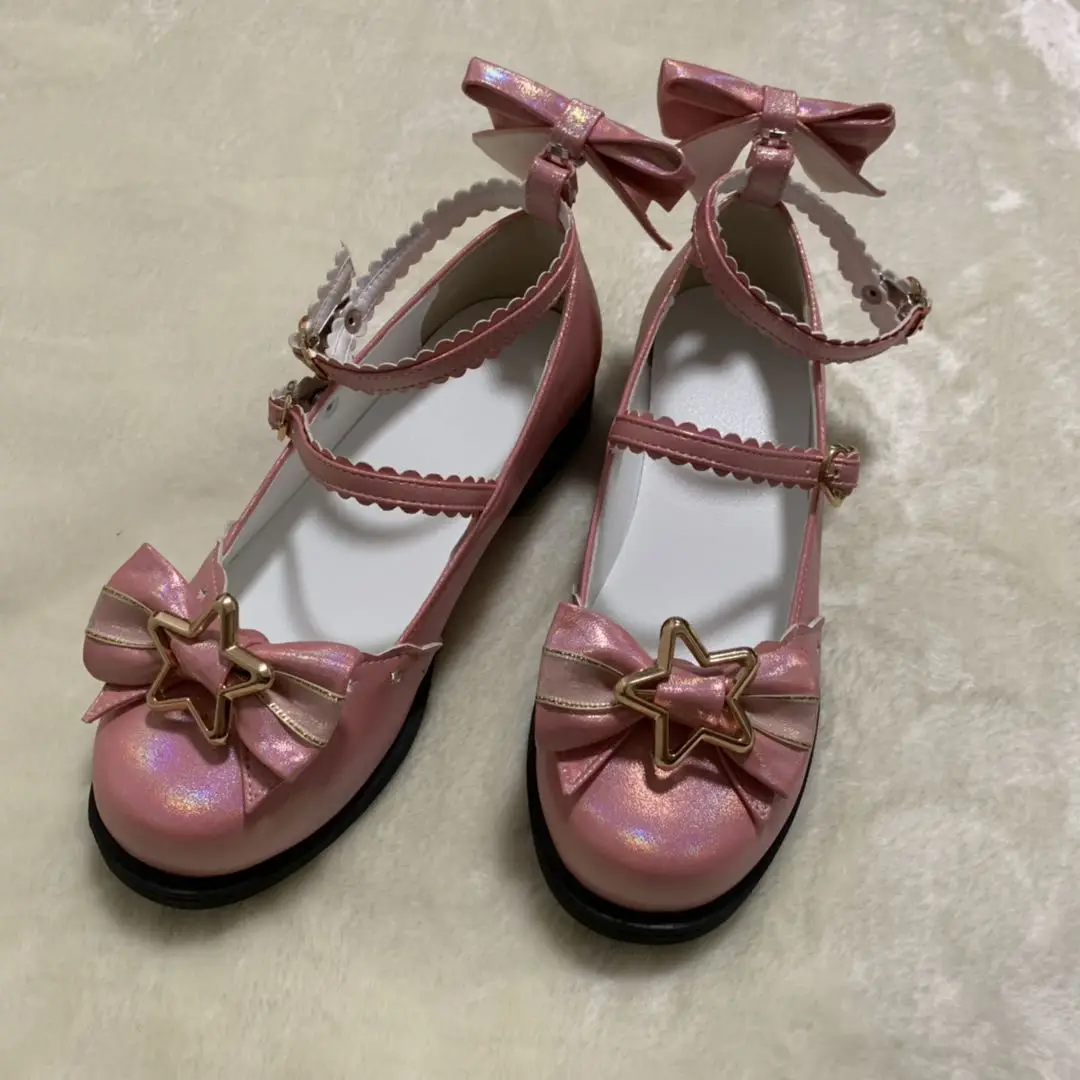 

Anime cosplay lolita shoes cute round head PU solid women's shoes sweet bowknot five-pointed star kawaii shoes loli cos 2020 new