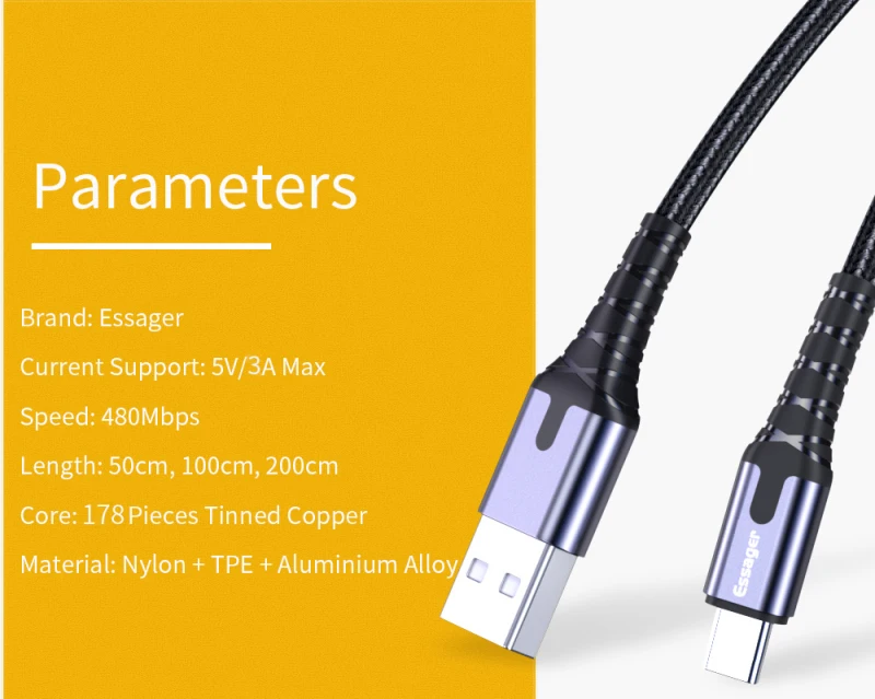 Essager светодиодный usb-кабель типа C кабель для быстрой зарядки кабель usbc для Xiaomi K20 samsung Oneplus 7 Pro провод для мобильного телефона