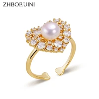zhboruini 2021 ins natural freshwater pearl ring lovely heart 14k gold plated adjustable open tail ring jewelry for woman gift