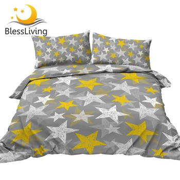 BlessLiving Stars Bedding Set Yellow White Grey Duvet Cover Graffiti Bed Set King Size Modern Bedspread Cozy Home Decorations 1