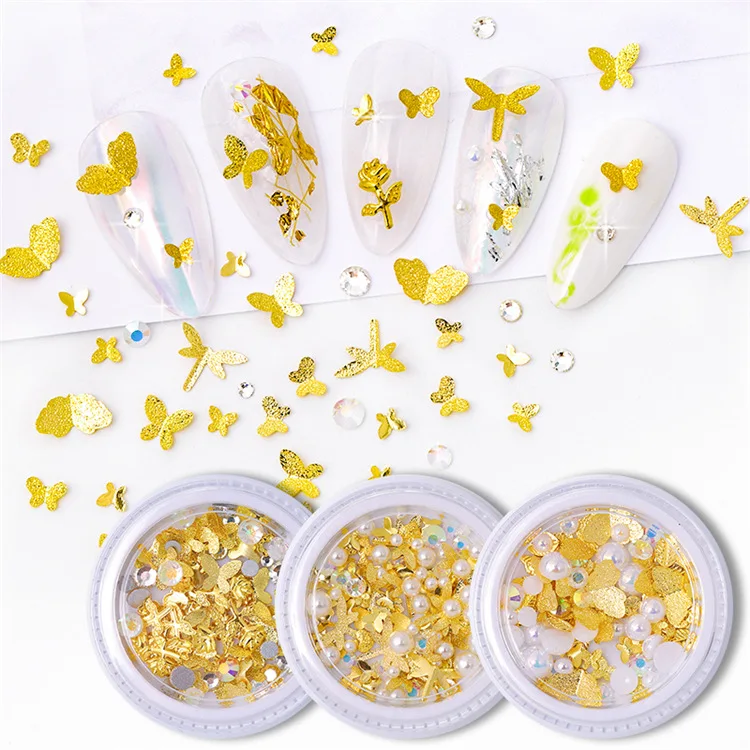 

Nail art Decorative 1 box butterfly Frosted golden three-dimensional metal butterfly pearl mixed DIY nail jewelry 1 box