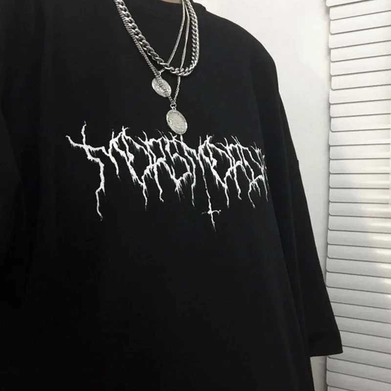 Harajuku Loose Oversize T Shirt Punk Letter Gothic Print Short Sleeve Women Black Streetwear vintage clothing dropshipping tops | Женская