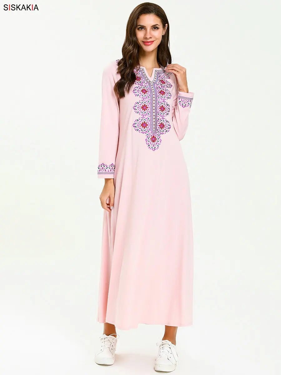 Siskakia, Цветочная вышивка, этническое длинное платье, элегантное, длинный рукав, макси платья размера плюс, повседневная женская одежда, осень, новое красное