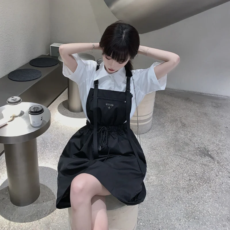 

JK College Style Black Strap Dress Short-sleeved Shirt Two-piece Suit 2021 Female Waist Dark Dress White Puff Sleeve Shirt