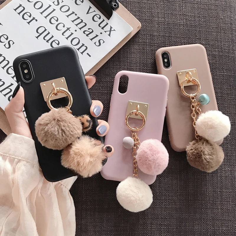 

Luxury Cute 3D fox fur ball keychain soft phone case for iphone 12 X XR XS 11 Pro MAX 6S 7 8 plus for samsung S8 S9 S10 cover
