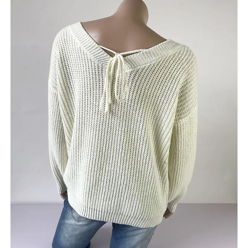 

Long Women's Sweaters V-Neck Pullover Long Sleeve Jumpers Back Bow Sweater Casual Knitted Sweater 2021 New Off Shoulder Pull