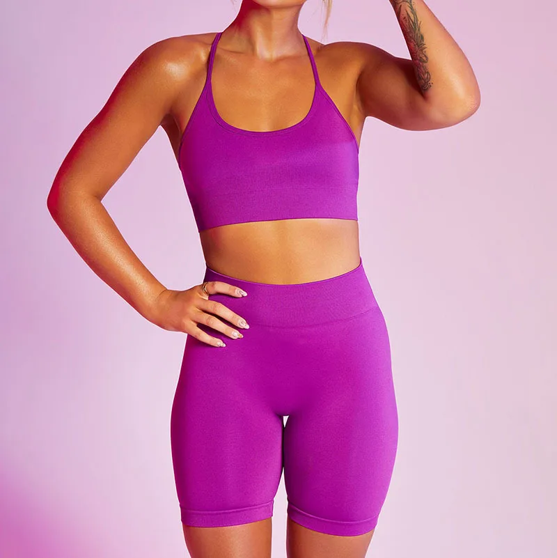

2 Pieces Scoop Neck Yoga Suit Women Seamless High Waist Shorts Fitness Sets Sexy Sporty Ribbed Underwear Gym Workout Clothing
