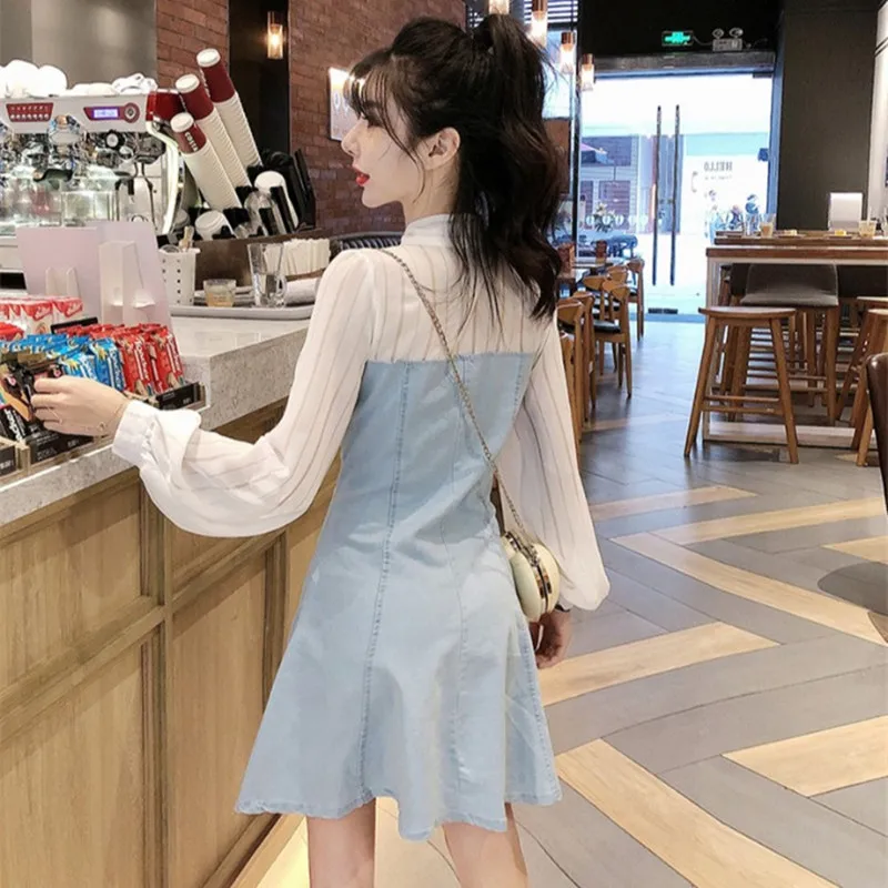 Женское шифоновое джинсовое платье короткое платье-блуза с длинным рукавом