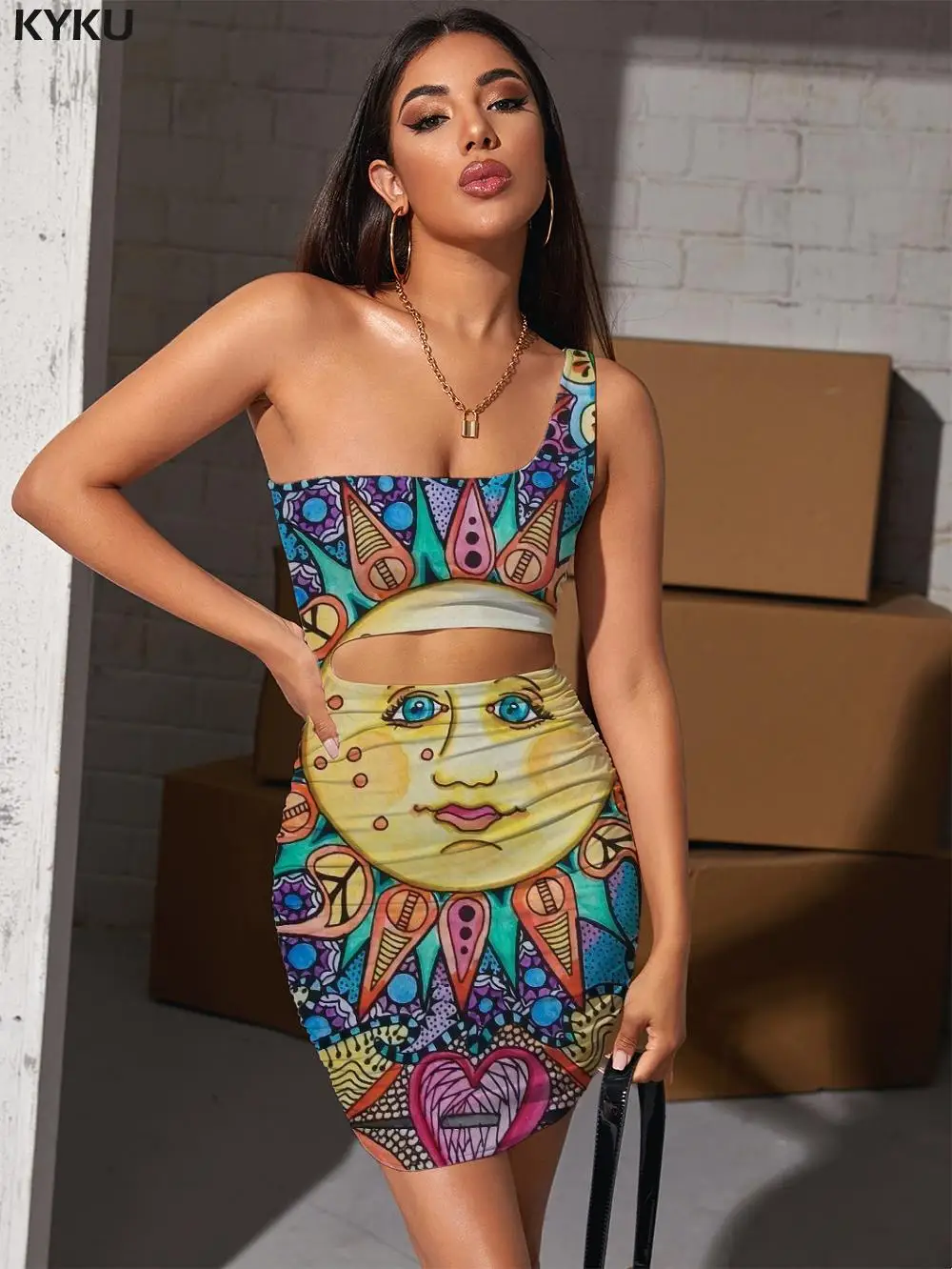 

KYKU Brand Sun Dress Women Colorful Pleating Graffiti Hollow out Dresses Painting Halter Sleeveless Womens Clothing Party