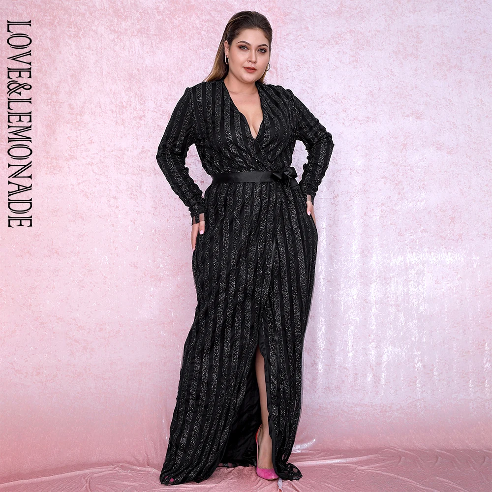 LOVE& LEMONADE размера плюс сексуальные черные с глубоким v-образным вырезом в полоску с наклеенными блестками крест макси платья lm6546 плюс осень/зима