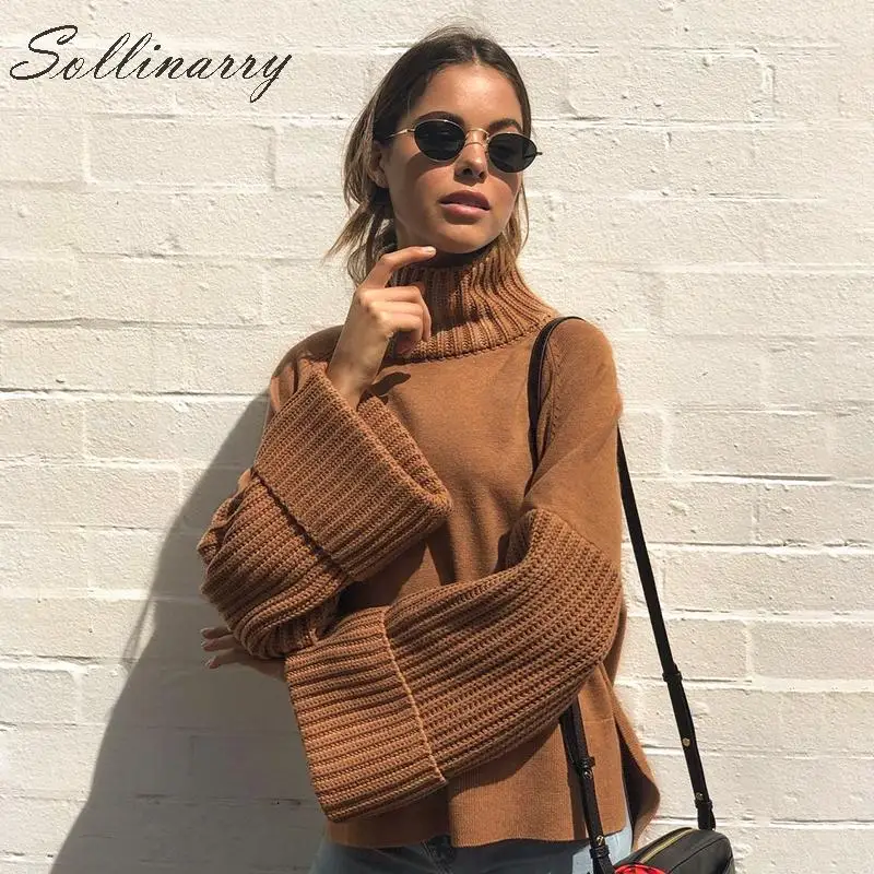 Sollinarry Сплит Водолазка Свитера Пуловеры женские 2019 трикотажные топы свитер