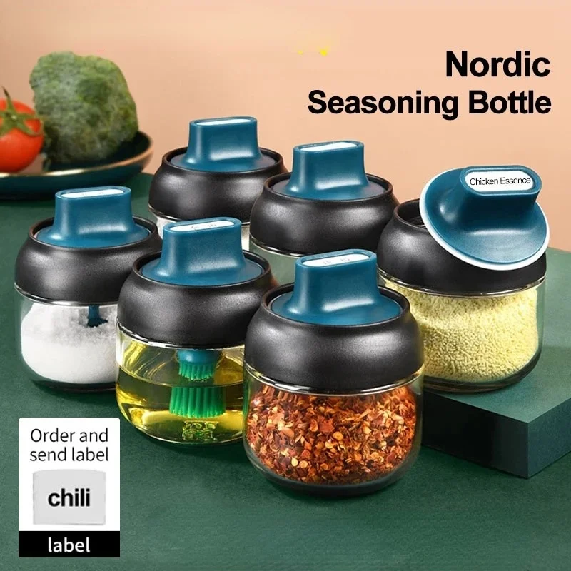 

Spoon Lid Integrated Seasoning Jar Moisture-proof Glass Salt Shaker with Spoon MSG Bottle Seasoning Box Seasoning Jar with Label