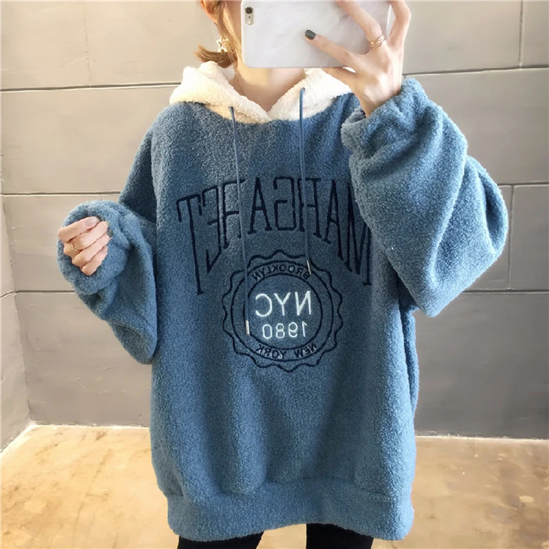 Женская толстовка с капюшоном зимний толстый бархатный Розовый пуловер длинным