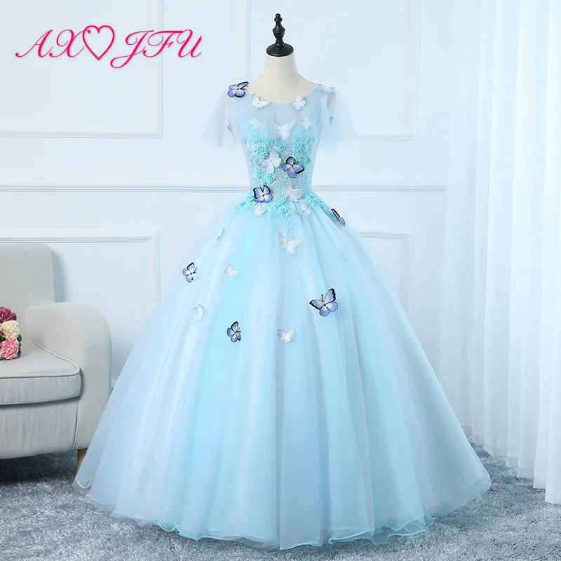 

AXJFU luxury princess blue lace bride evening dress vintage o neck beading blue butterfly host ball gown blue evening dress