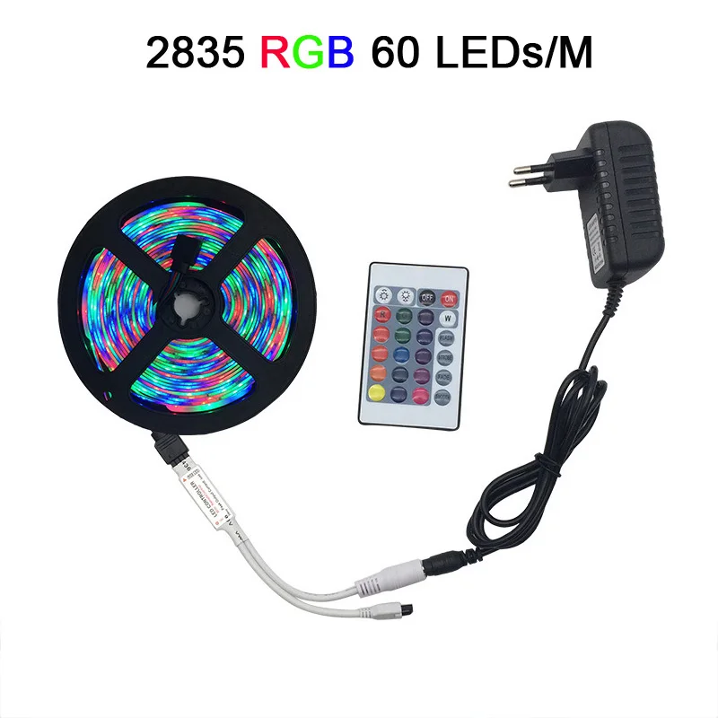 Светодиодный светильник RGB 5050 SMD 2835 гибкая лента fita светодиодный светильник RGB 5 м 10 м 15 М лента диод DC12V 60 светодиодный s 1 м+ управление+ адаптер - Испускаемый цвет: RGB 2835 60LEDs 1M