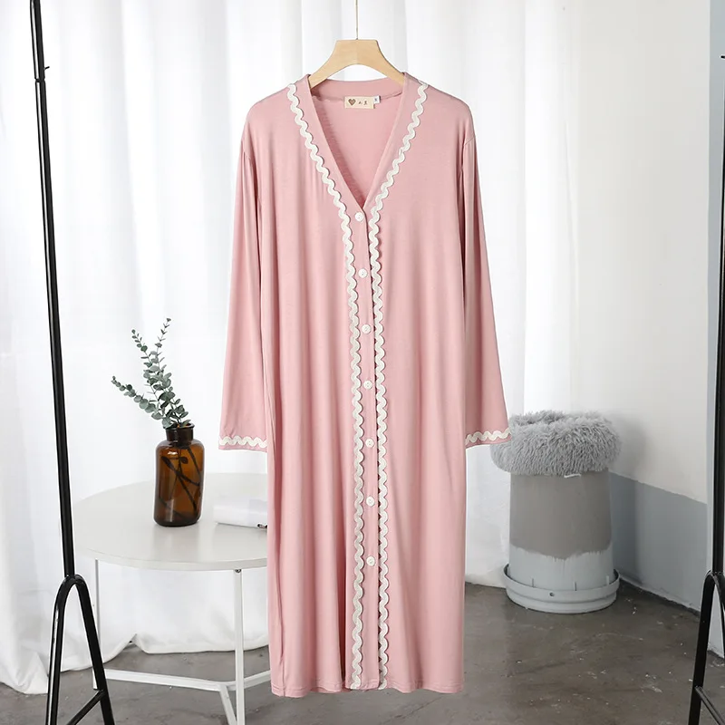 Spring Summer Modal Nightdress Cardigan Lace Long Sleeve Mid Length Dress Outer Wear Home Clothes Women's Nightwear Nightgowns