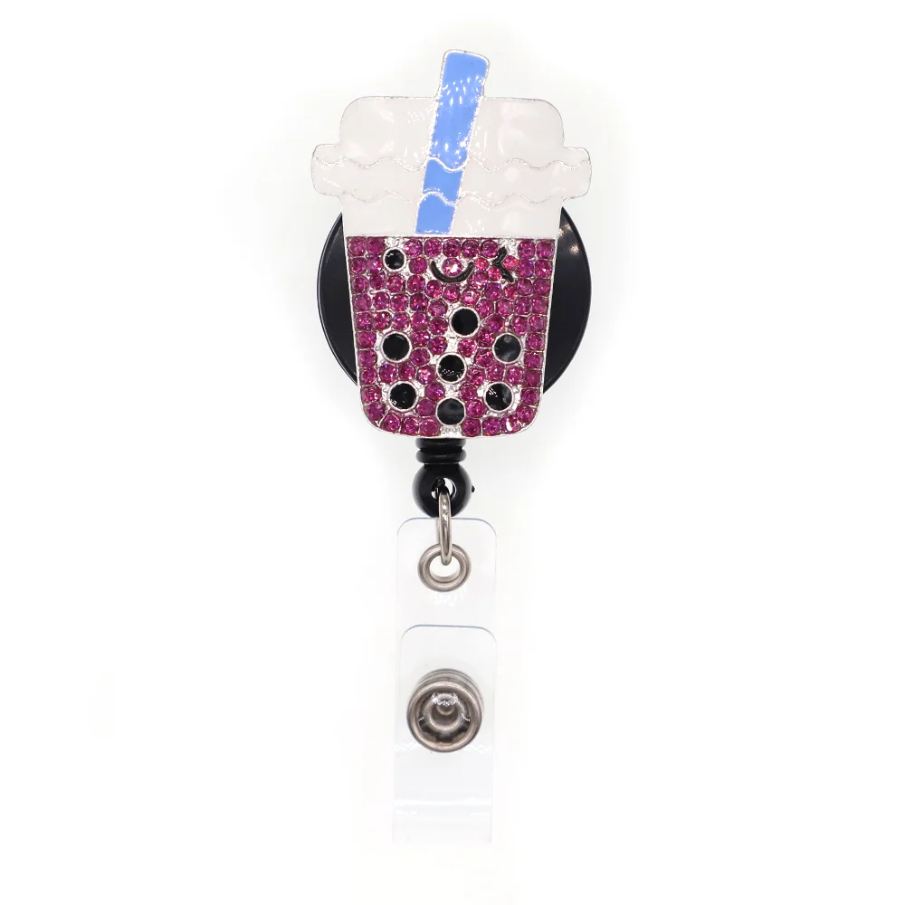 

Cute Rhinestone Enamel Pearl Milk Tea Food Retractable ID Badge Reel
