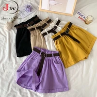 2021 summer elegant high waist shorts women casual solid wide leg loose cotton short pants with belt korean sweet girls