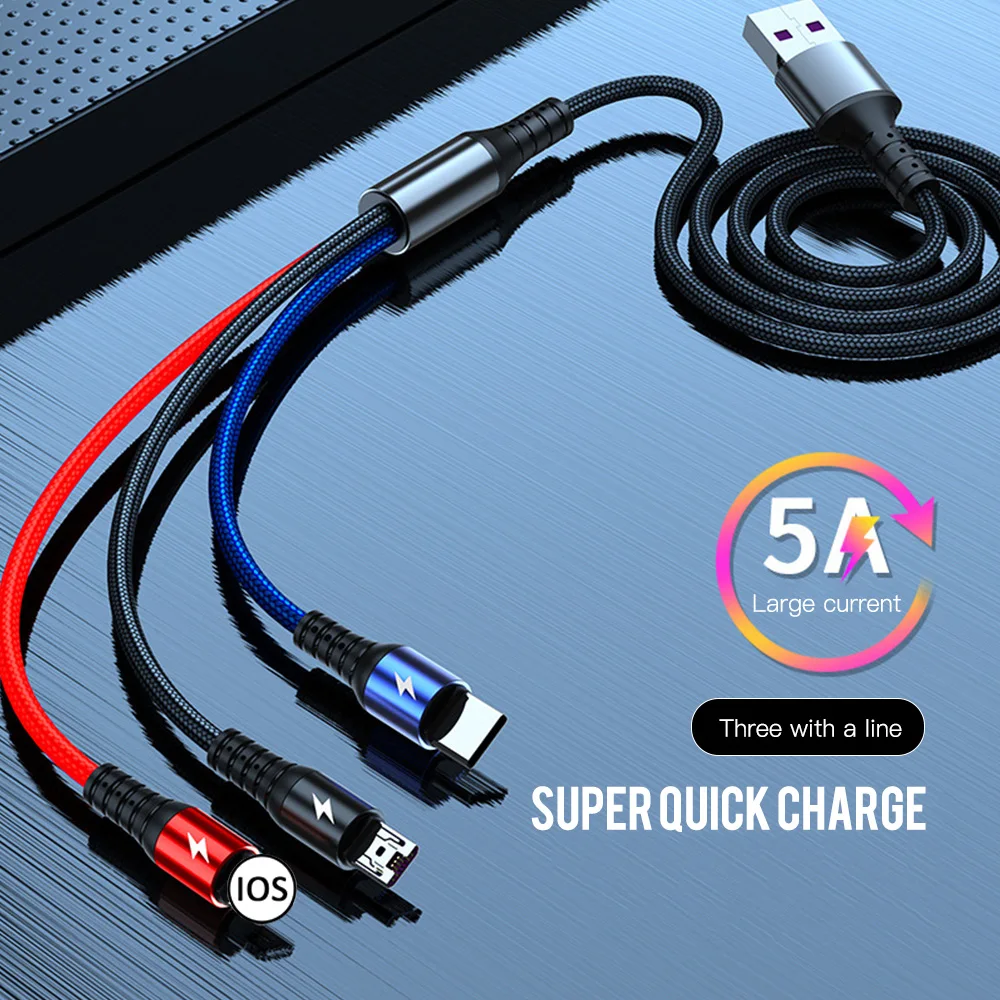 

3-In-1 5A Super Fast Charging Cable For IOS/Micro USB/Type-C Charger Cable Wire For IPhone/Huawei/Android IOS Adapter Data Cable