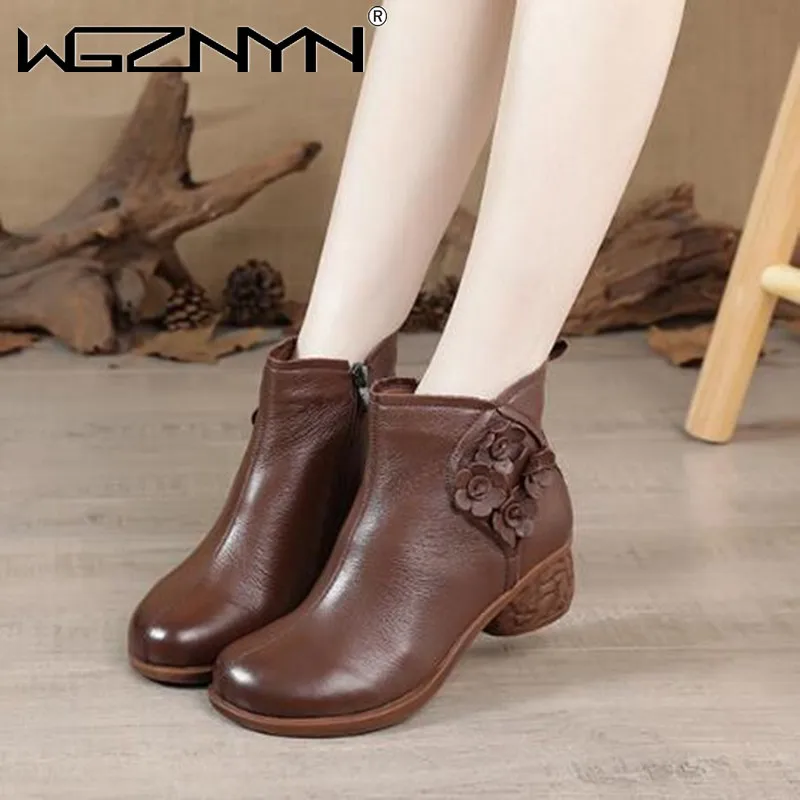

NEW 2021 Autumn Winter Women Boots Genuine PU Leather Thick Heels Ankle Boots for Women Shoes Retro Flower Zipper Short Boots