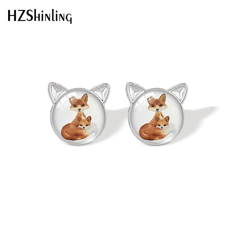 

2021 новые серьги-гвоздики с изображением милой лисы, животные, художественные серьги с кошачьими ушками, ручная работа, стеклянный купол, фот...