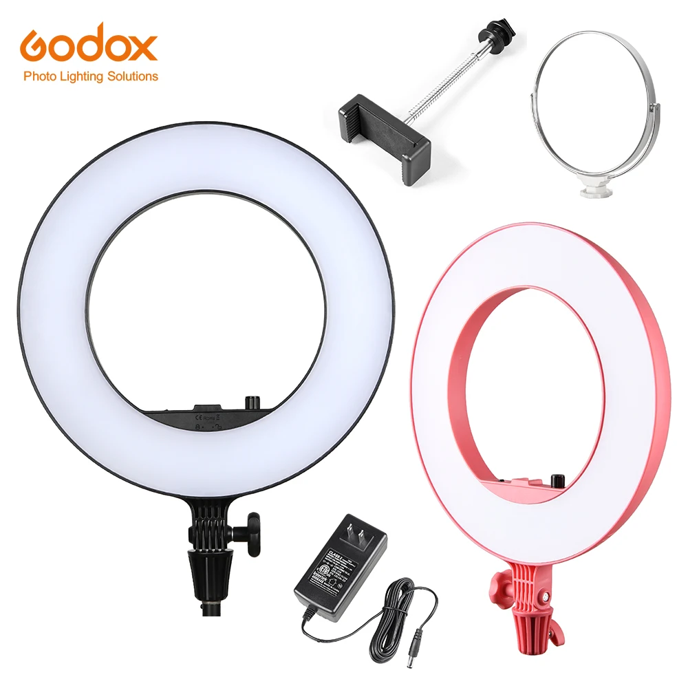 

Godox LR180 27W Ring LED Video Light Cold Color Temperature with White Light-passing Board Phone Holder for Live Shooting