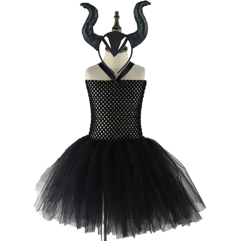 1 dress 1 headband 3 предмета, платье-пачка для девочек «злая королева» с рогами, перо, Хэллоуин ведьма костюм для девочек, детское праздничное платье, одежда, XX0 - Цвет: 1 dress 1 headband