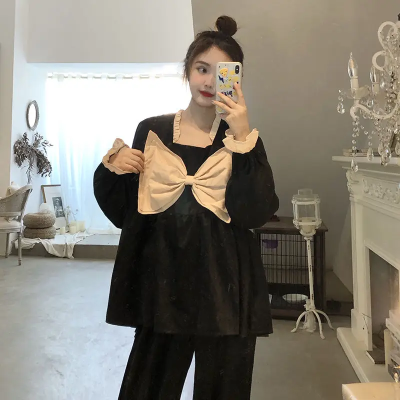 

Velvet Pajamas for Women Winter Pyjamas Women Bowknot Home Clothes for Women Sleepwear Set Warm Pajamas Pijamas Mujer Invierno