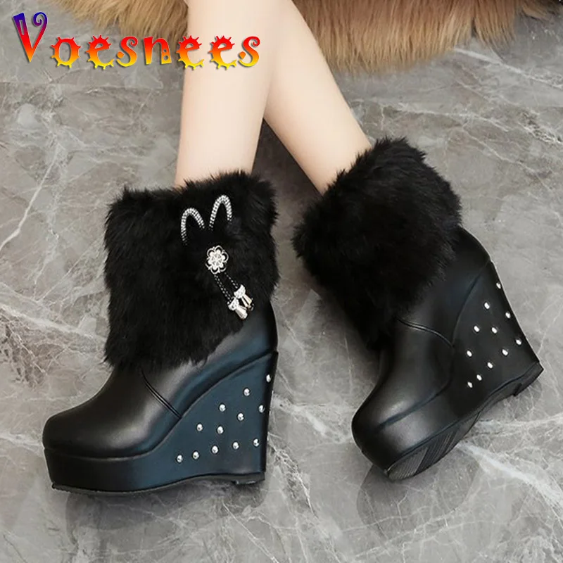 

Модные утолщенные кожаные зимние ботинки, женские водонепроницаемые меховые ботильоны на платформе, зимняя теплая женская обувь на танкет...