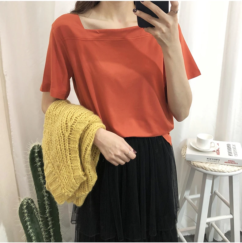 

Casual Square Neck Short Sleeve Solid Color T-shirt 2019 Summer Women Going Out Minimalist Short Sleeve Tee Top