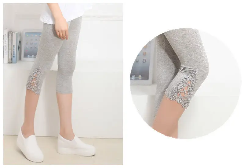 

Women Solid Lace Decor 3/4 Modal Cotton Capri Legging Pant Summer Clothes One Size