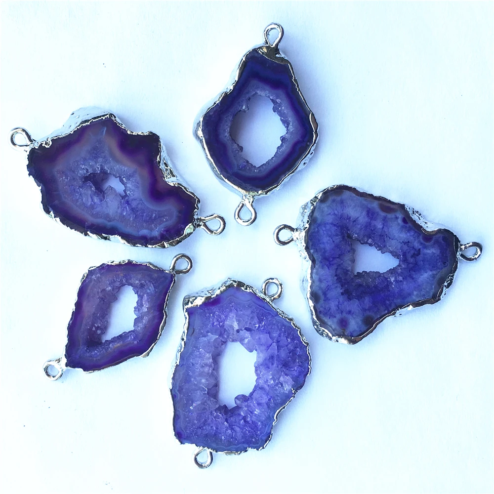 

New Natural Purple Agates Slice Pendants Connectors Irregular Raw Agates Druzy Natural Stones Pendants for Jewelry Making 5PCS