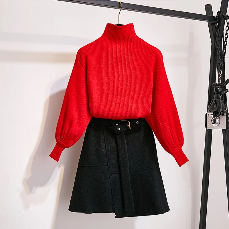 New Winter Pullover Sweater& Woolen Cloth Lantern Sleeve Knitted Top Irregular Skirt Suit With Belt Outfit Casaul Clothes