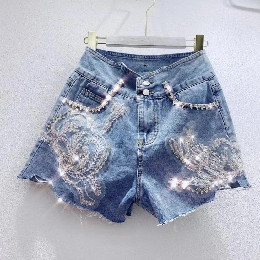 

2021 Summer New Embroidered Blue Shorts Wild Leg Women Denim Pants High Waist Slimming Denim Shorts for Female