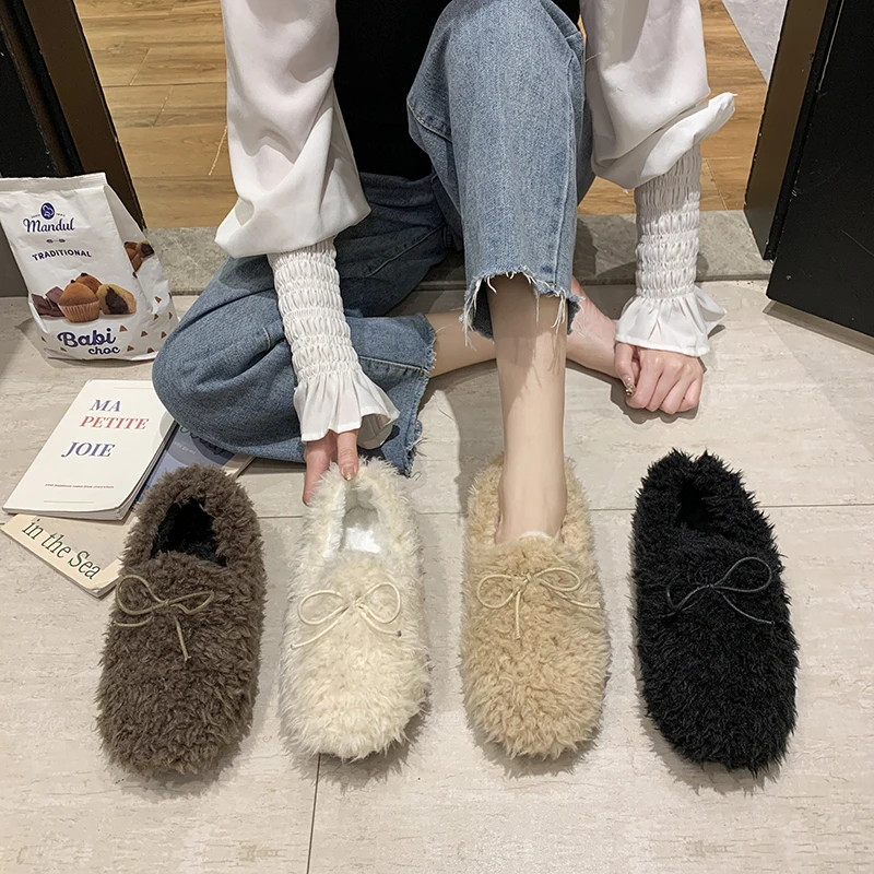 

Loafers Fur Shoes Woman 2021 Round Toe Modis Casual Female Sneakers Bow-Knot Slip-on All-Match New Winter Moccasin Cute Butterfl
