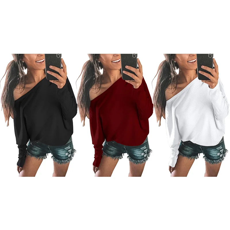 

Autumn New Arrive Women Fashion All-match Concise Solid Color Off-shoulder Long Sleeves Knitted Sweater For Women
