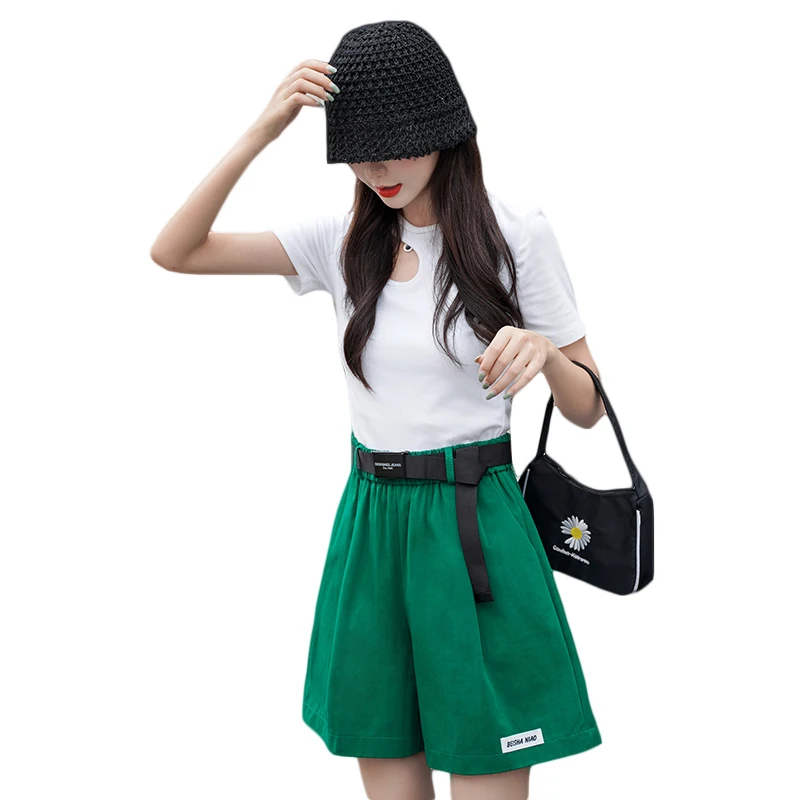 

1067 Green Shorts Women Summer High Waist Casual Simple All-Match Loose Comfortable Cotton Office Wide Legs Short Pants Female