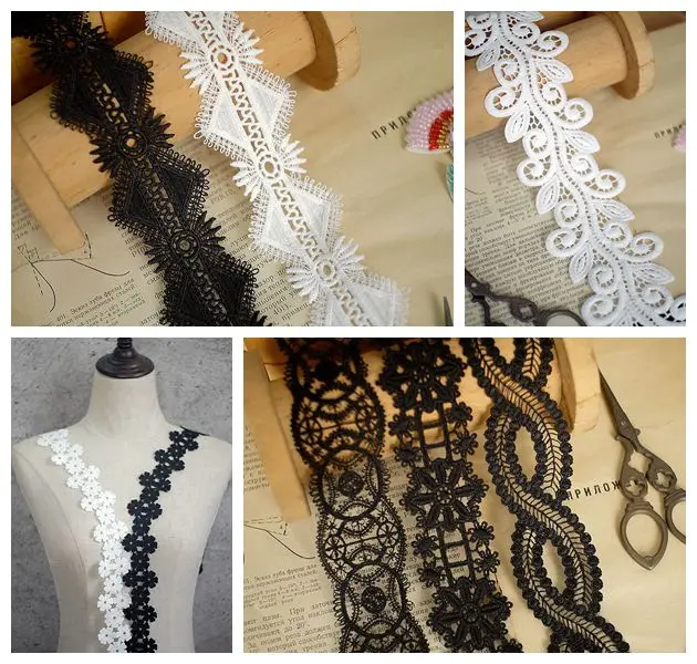 

Milk Fiber Lace Trim Off-White, Black Hollow Out Lace Factory Price 5 Yards