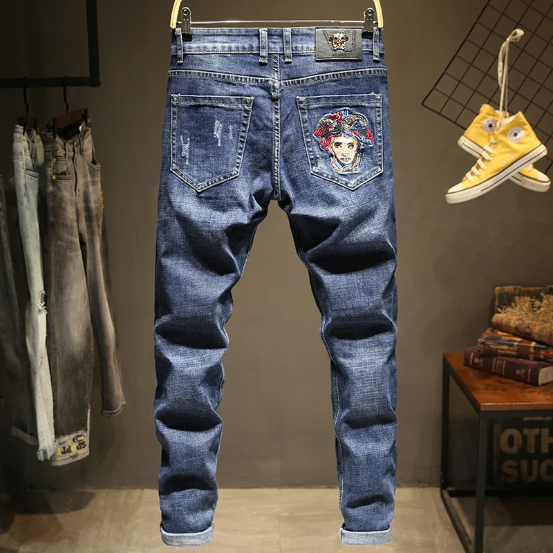

New Men's Full Length Jeans Embroidery Straight Slim Fashion Streetwear Harajuku Straights Men Denim Pants Casual Male Trousers