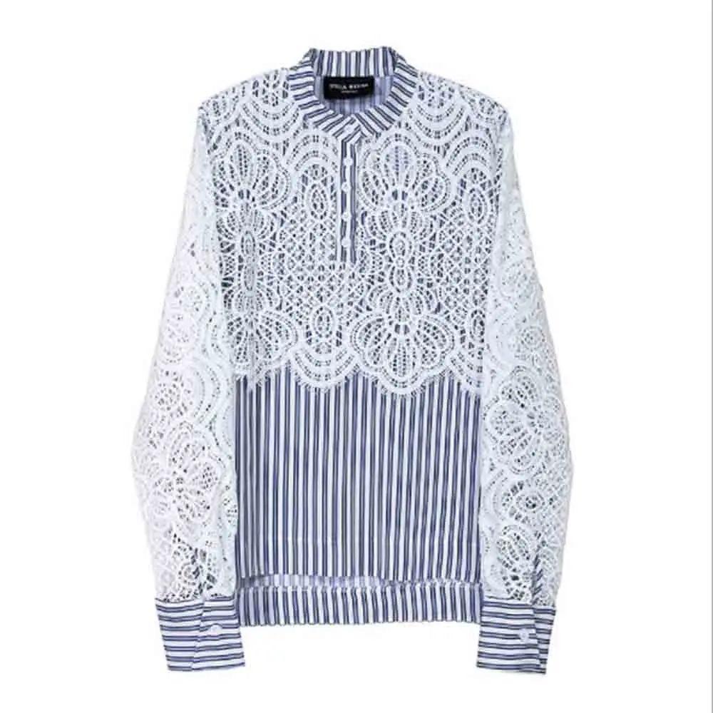 

Women Vintage Sweet New Lace Patchwork Striped Elegant Birthday Party Shirts Female Ladies Fashion Loose Casual Blouses Tops