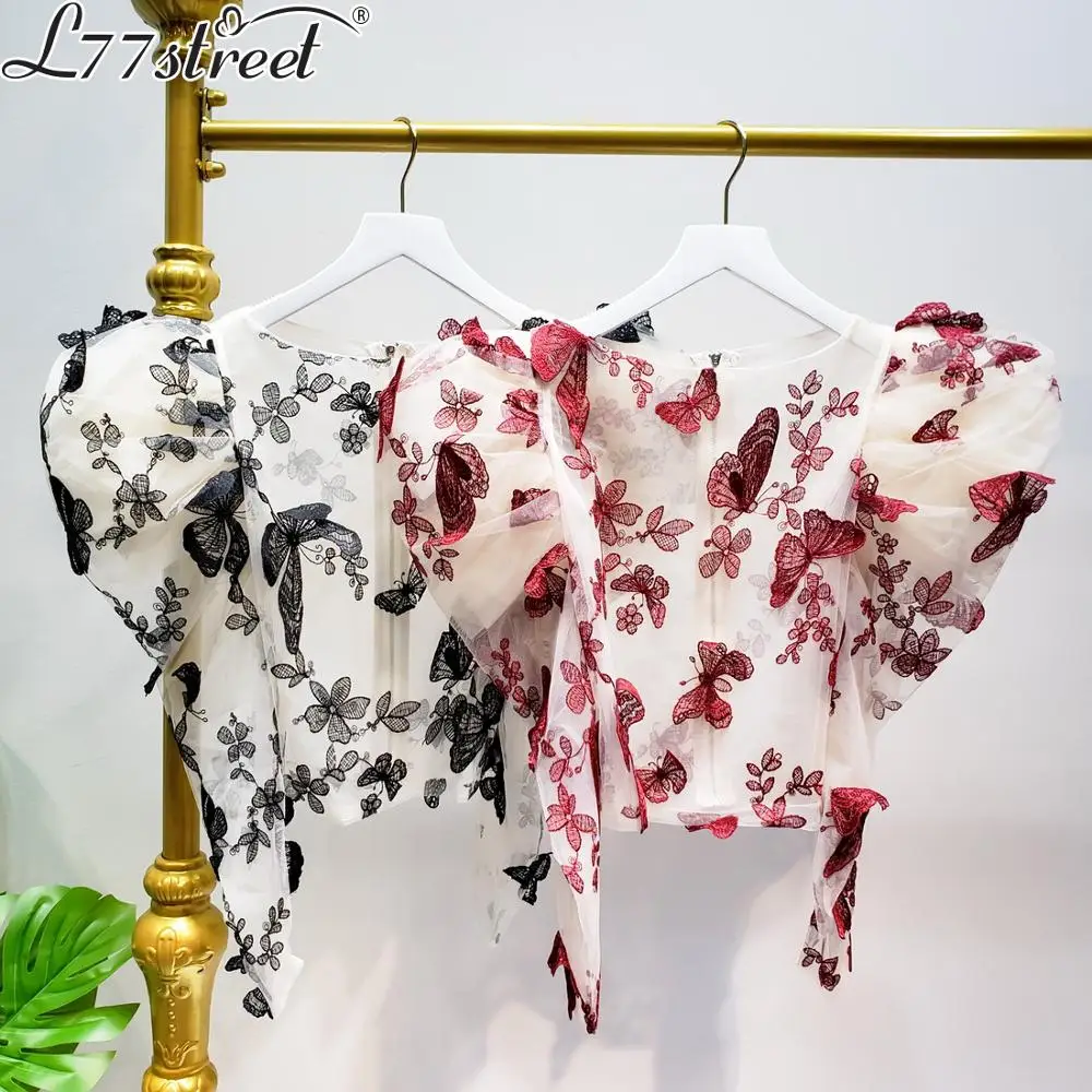 L77street Heavy Industry Mesh Butterfly Embroidered English Lantern Sleeve Perspective Slim Long Sleeve Thin Shirt