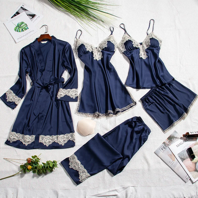 Пижама женская атласная с V образным вырезом 5 предметов|Комплекты пижам| |