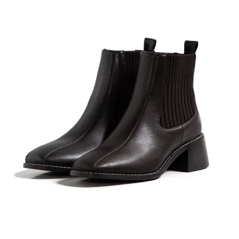 

Korean students casual ankle boots for women 2020 autumn new block high heels knitting Chelsea boots ladies booties plus size 41
