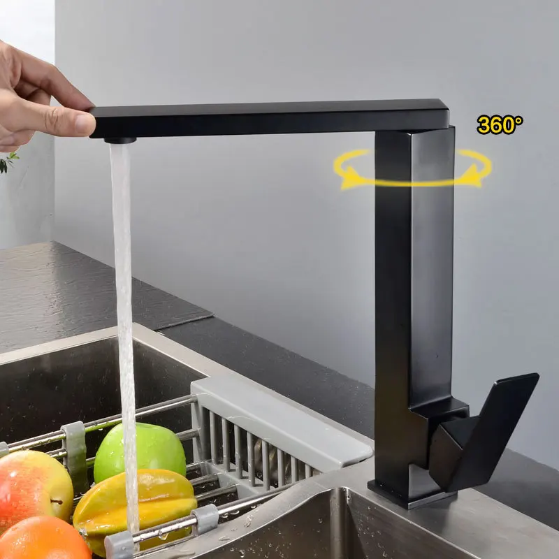 Черный кухонный кран для воды квадратный можно вращать горячей и холодной костюм