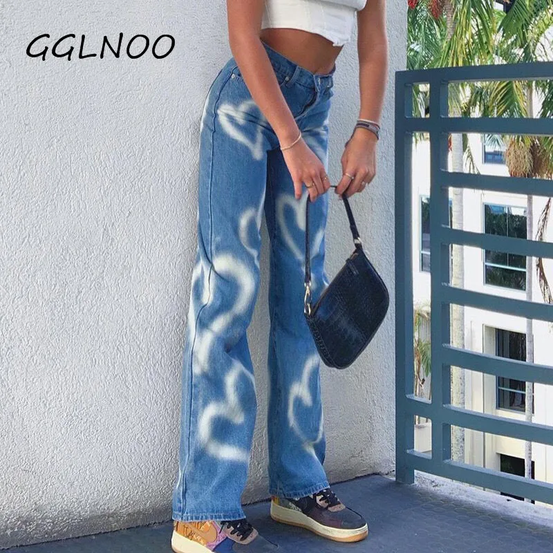 

GGLNOO Heart Print High Waist Patchwork Denim Jeans Y2K Casual Wide Leg Pants Washed Blue Baggy Boyfriends Mom Jeans Streetwear