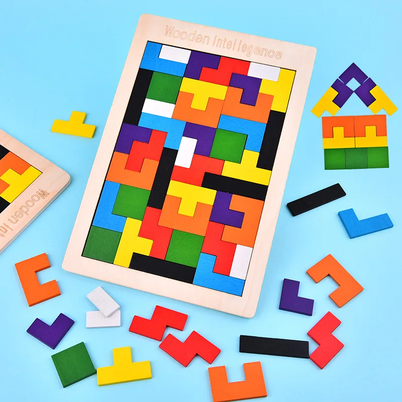 

Wooden Jigsaw Tetris Board Math Game Toys Children Brain Teaser Puzzles Tangram Bloacks Pre-school Kids Training Educational Toy