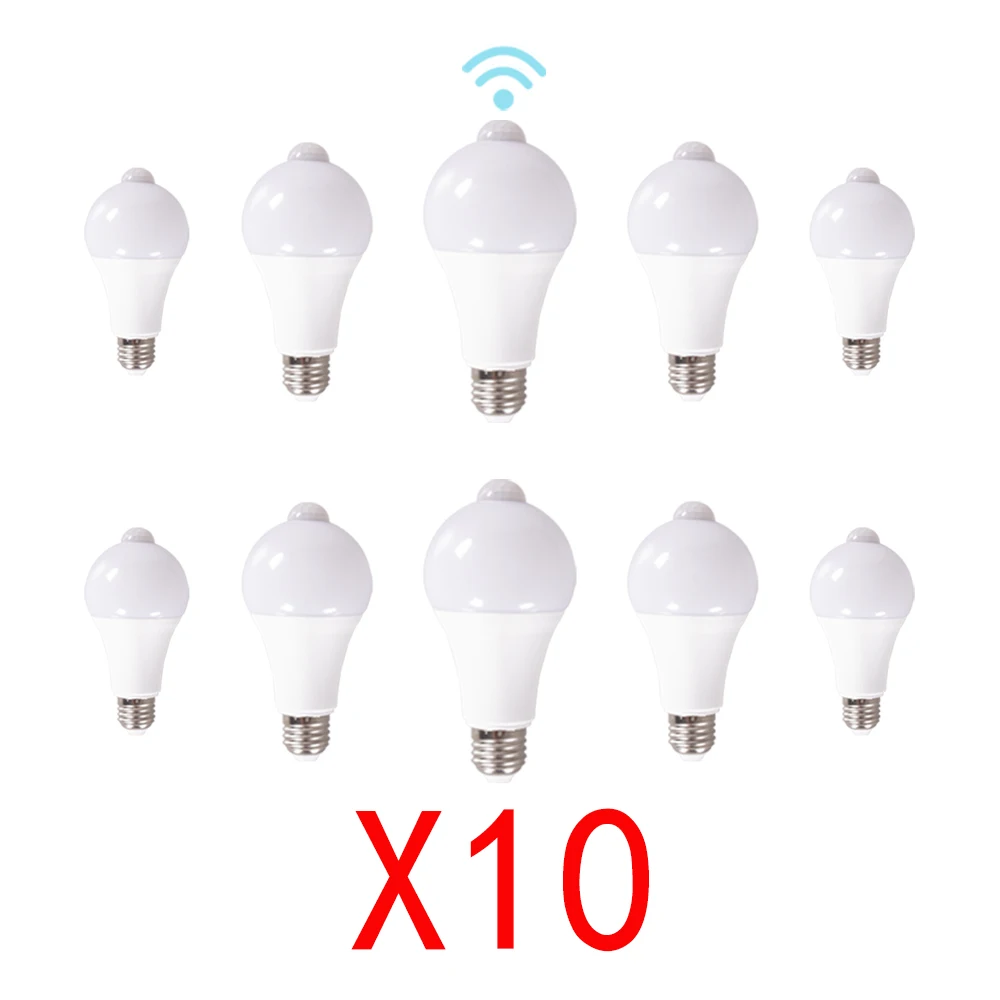 10PCS Lampada 9W 12W15W LED PIR Motion Sensor Light Bulb E27 Smart Bulb Detector Sensor Lamp for Home Porch Yard Garage Lighting