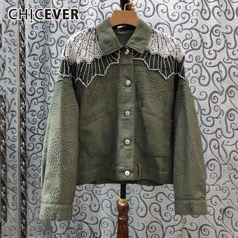 CHICEVER Лоскутная Вышивка бисером Женская куртка воротник с лацканами выдалбливают
