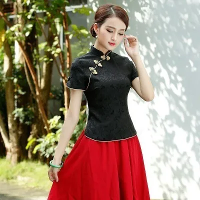 black Cheongsam top Sheng Coco Black China Blouse Women Traditional Chinese Shirt Clothing Chinese Jacquard Cotton Cheongsam Shirt Flower Buckle Top - Цвет: black Cheongsam top